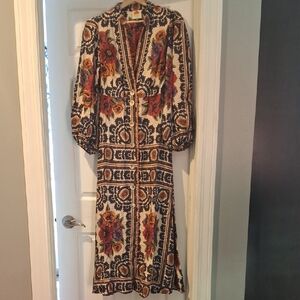 FARM Rio Brown and Orange V-Neck Dress with Bishop Sleeves